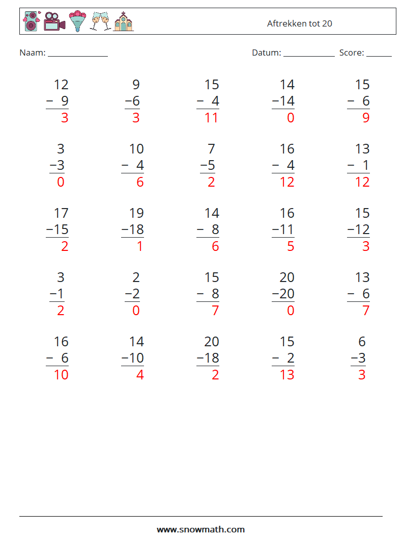 (25) Aftrekken tot 20 Wiskundige werkbladen 10 Vraag, Antwoord