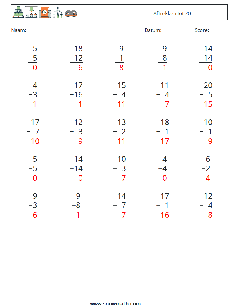 (25) Aftrekken tot 20 Wiskundige werkbladen 13 Vraag, Antwoord