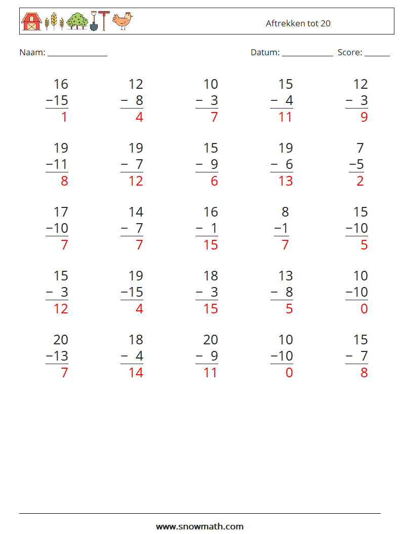 (25) Aftrekken tot 20 Wiskundige werkbladen 18 Vraag, Antwoord