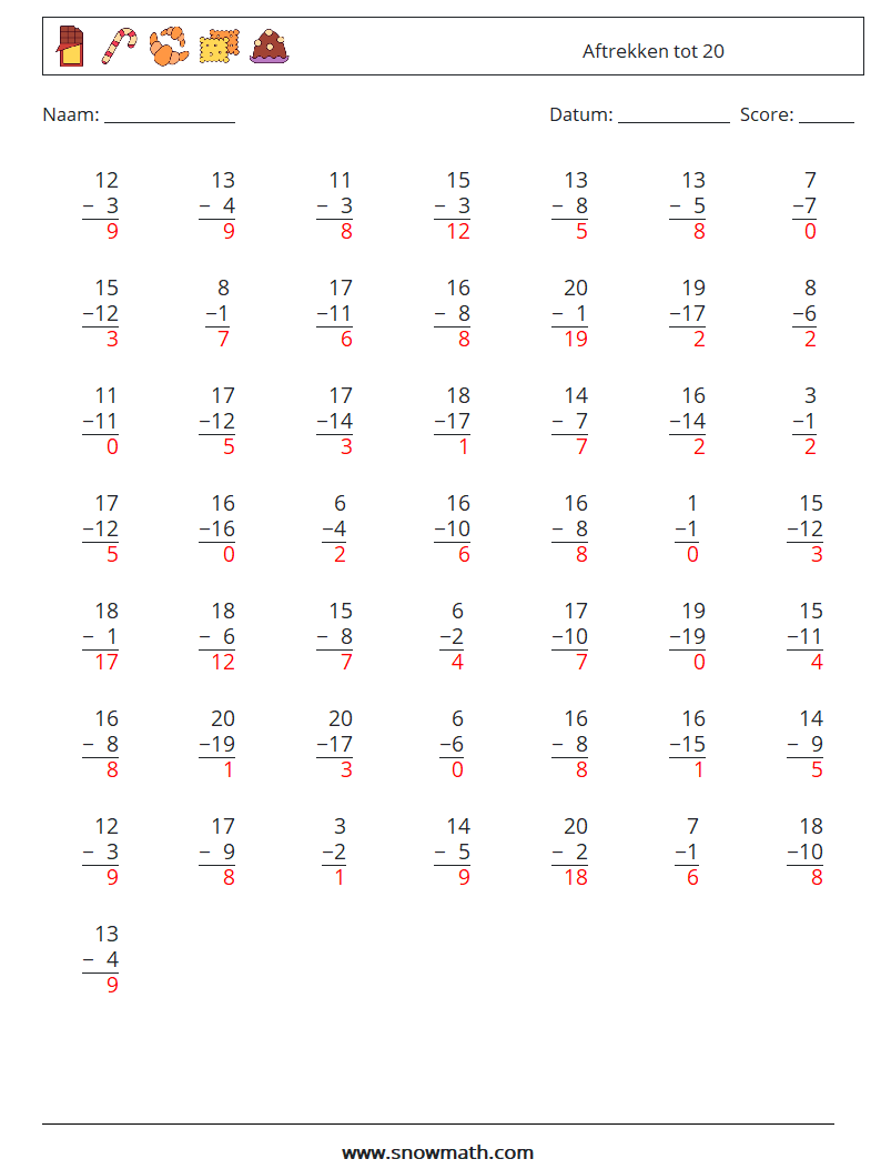 (50) Aftrekken tot 20 Wiskundige werkbladen 10 Vraag, Antwoord