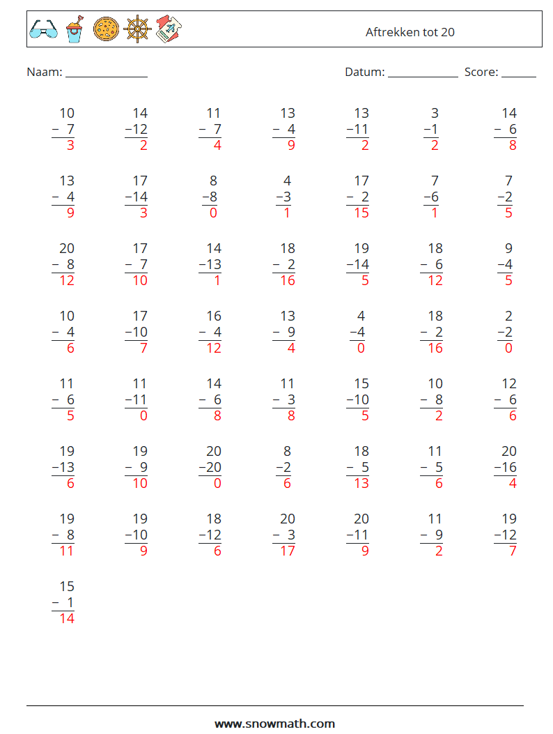 (50) Aftrekken tot 20 Wiskundige werkbladen 16 Vraag, Antwoord