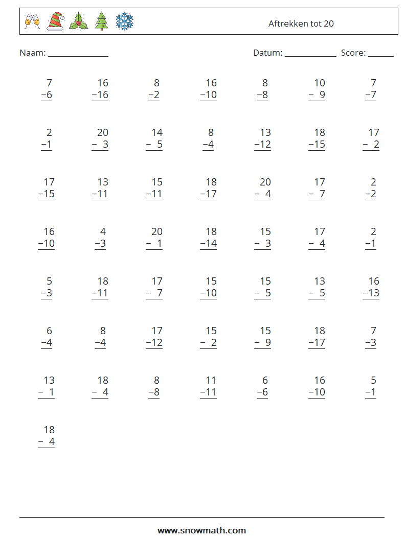 (50) Aftrekken tot 20 Wiskundige werkbladen 17