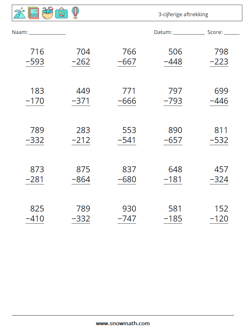 (25) 3-cijferige aftrekking Wiskundige werkbladen 12