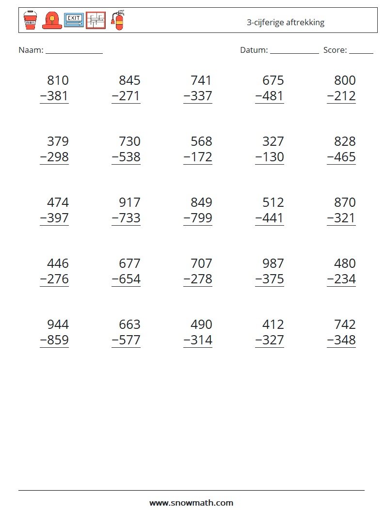 (25) 3-cijferige aftrekking Wiskundige werkbladen 13