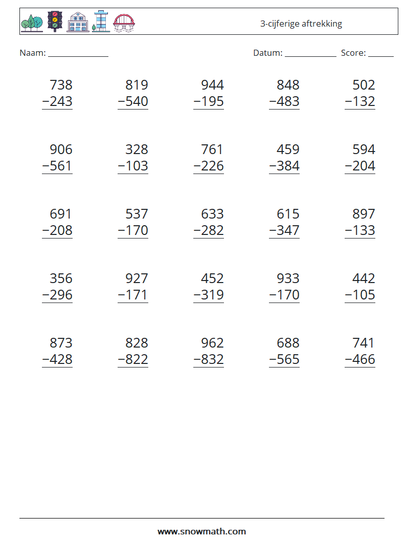 (25) 3-cijferige aftrekking Wiskundige werkbladen 15