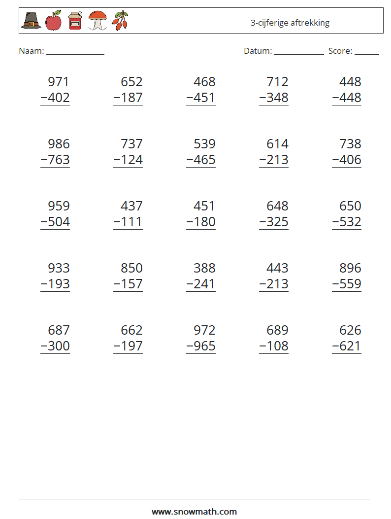 (25) 3-cijferige aftrekking Wiskundige werkbladen 16