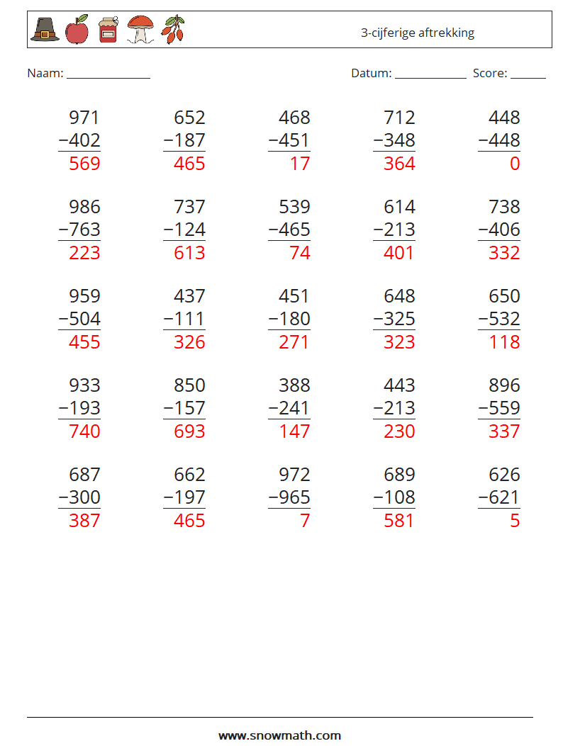 (25) 3-cijferige aftrekking Wiskundige werkbladen 16 Vraag, Antwoord