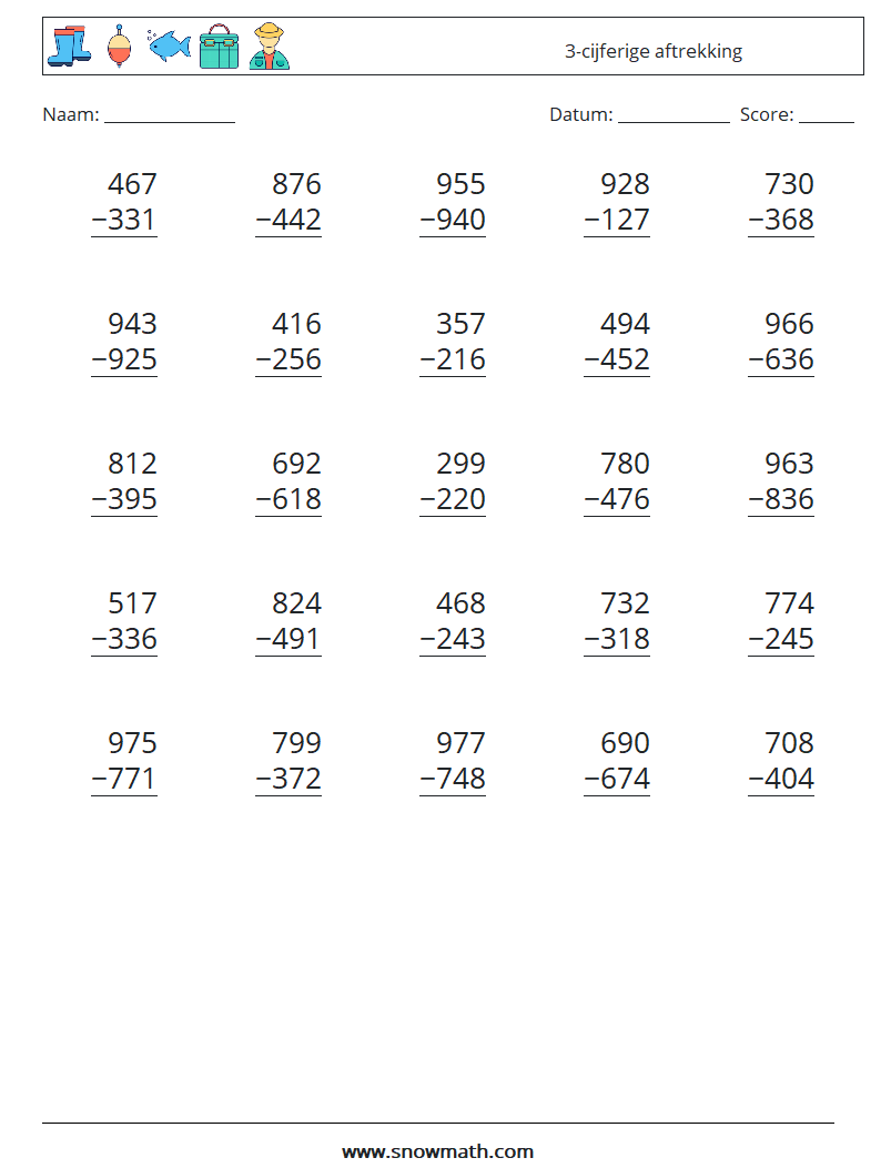 (25) 3-cijferige aftrekking Wiskundige werkbladen 17