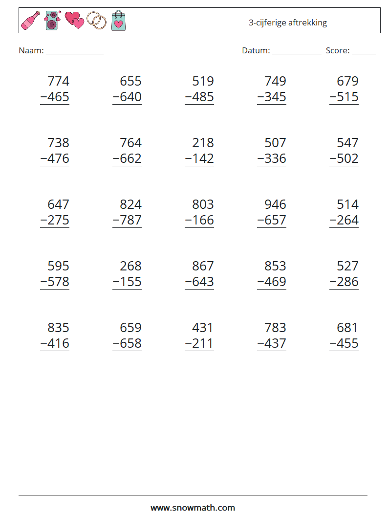 (25) 3-cijferige aftrekking Wiskundige werkbladen 2