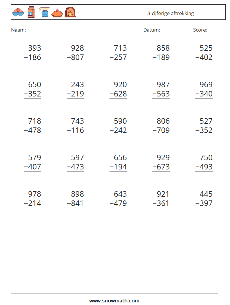 (25) 3-cijferige aftrekking Wiskundige werkbladen 3
