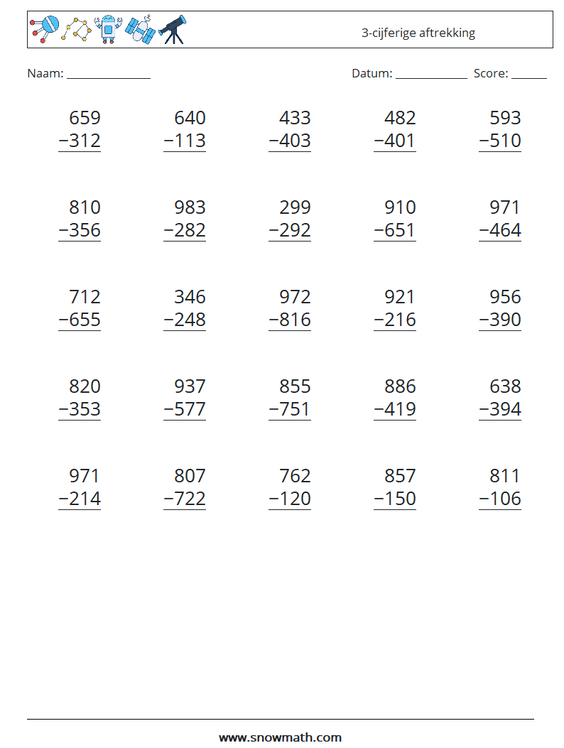 (25) 3-cijferige aftrekking Wiskundige werkbladen 4