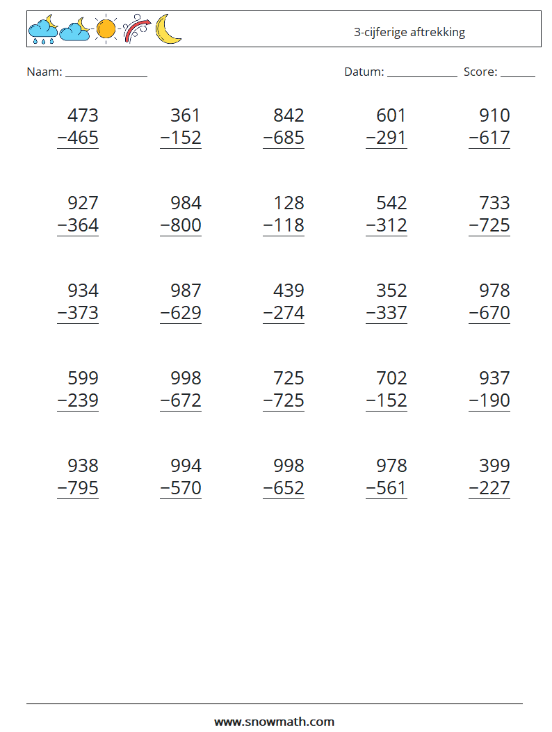 (25) 3-cijferige aftrekking Wiskundige werkbladen 5