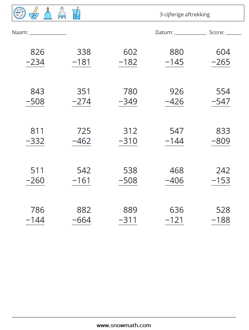 (25) 3-cijferige aftrekking Wiskundige werkbladen 6