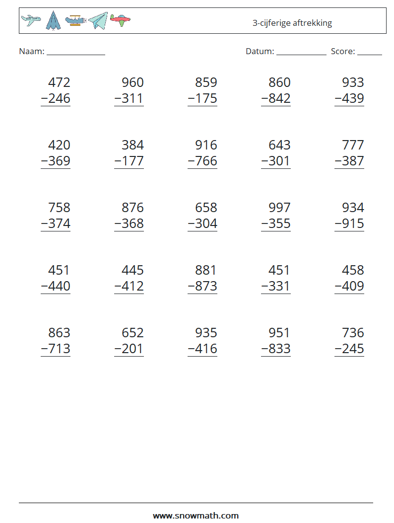 (25) 3-cijferige aftrekking Wiskundige werkbladen 7