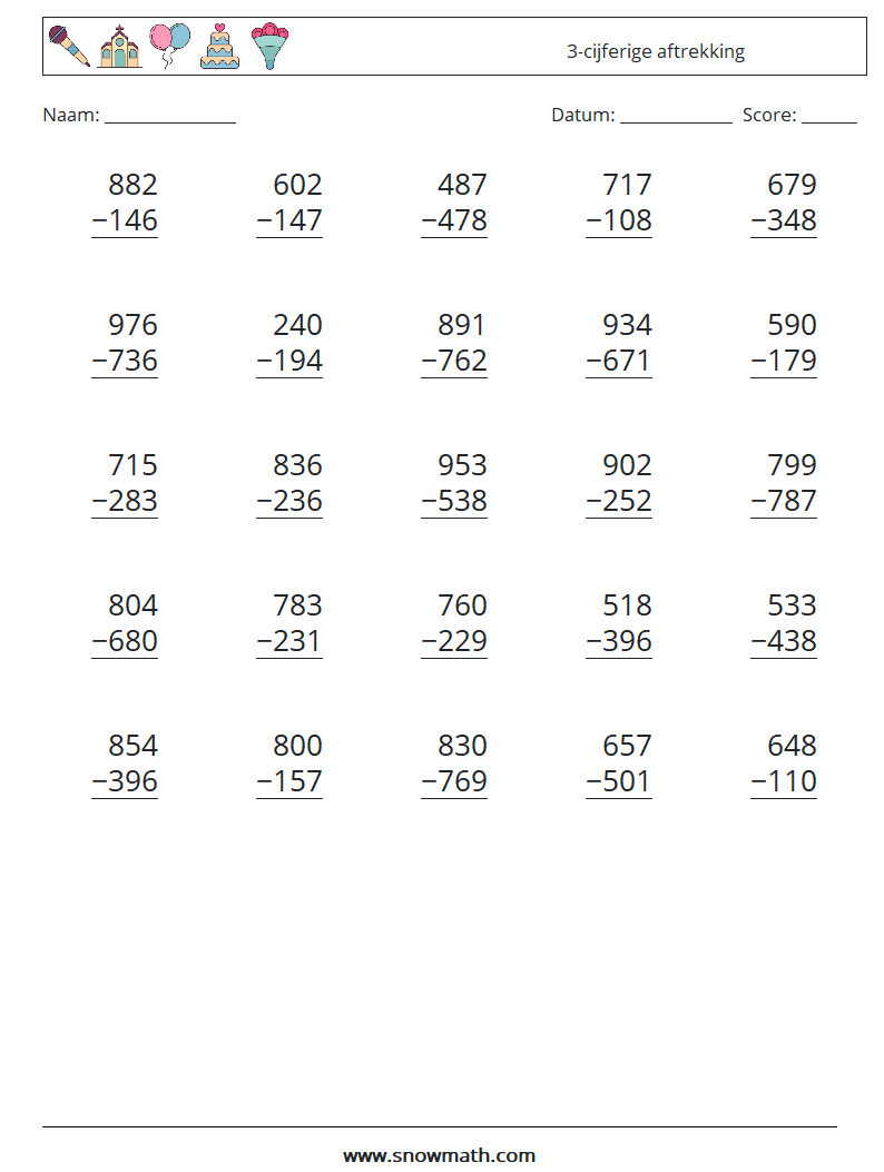 (25) 3-cijferige aftrekking Wiskundige werkbladen 8