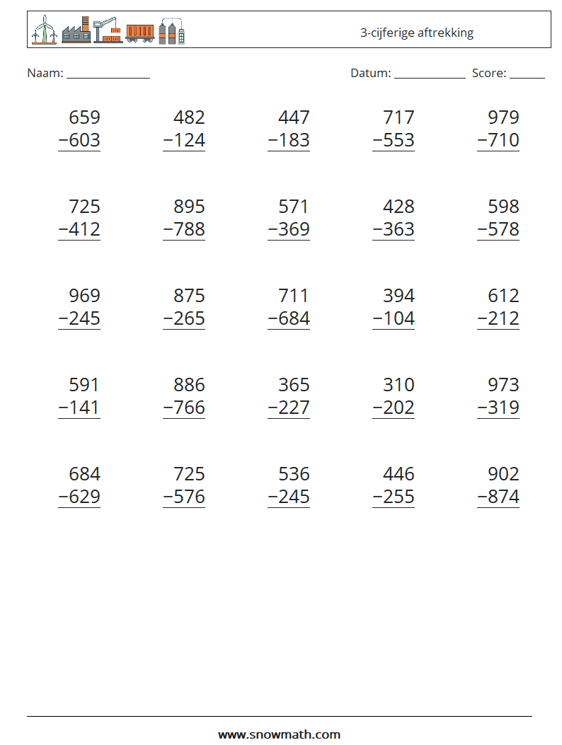 (25) 3-cijferige aftrekking Wiskundige werkbladen 9