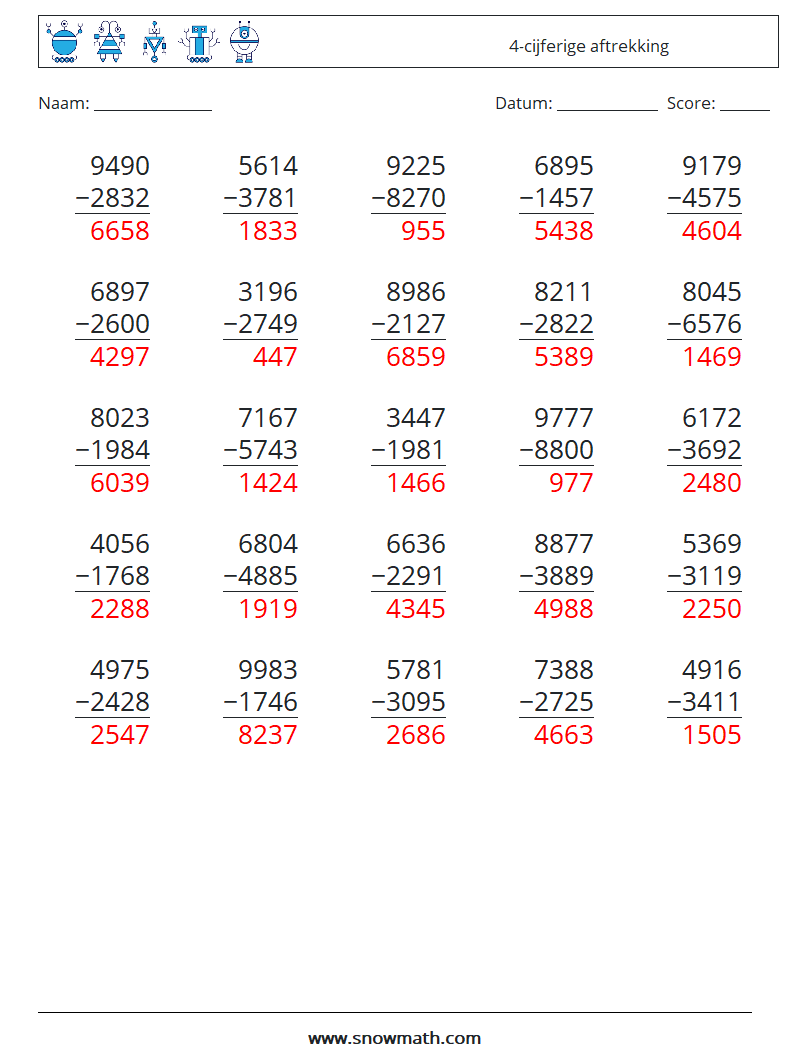 (25) 4-cijferige aftrekking Wiskundige werkbladen 10 Vraag, Antwoord