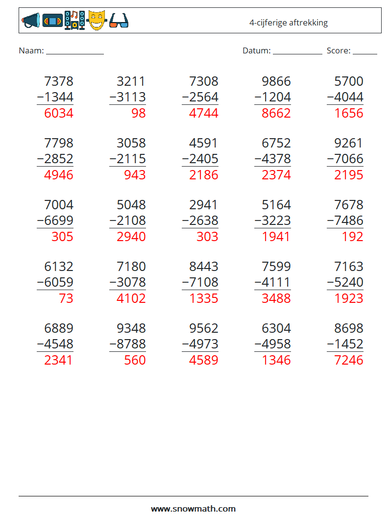 (25) 4-cijferige aftrekking Wiskundige werkbladen 16 Vraag, Antwoord