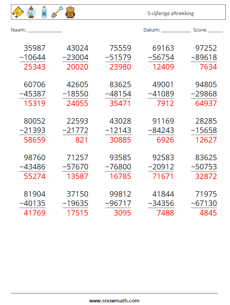 (25) 5-cijferige aftrekking Wiskundige werkbladen 18 Vraag, Antwoord