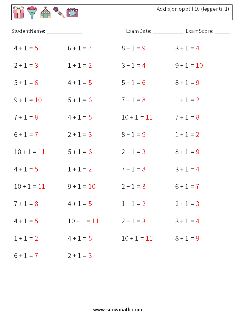 (50) Addisjon opptil 10 (legger til 1) MathWorksheets 1 QuestionAnswer