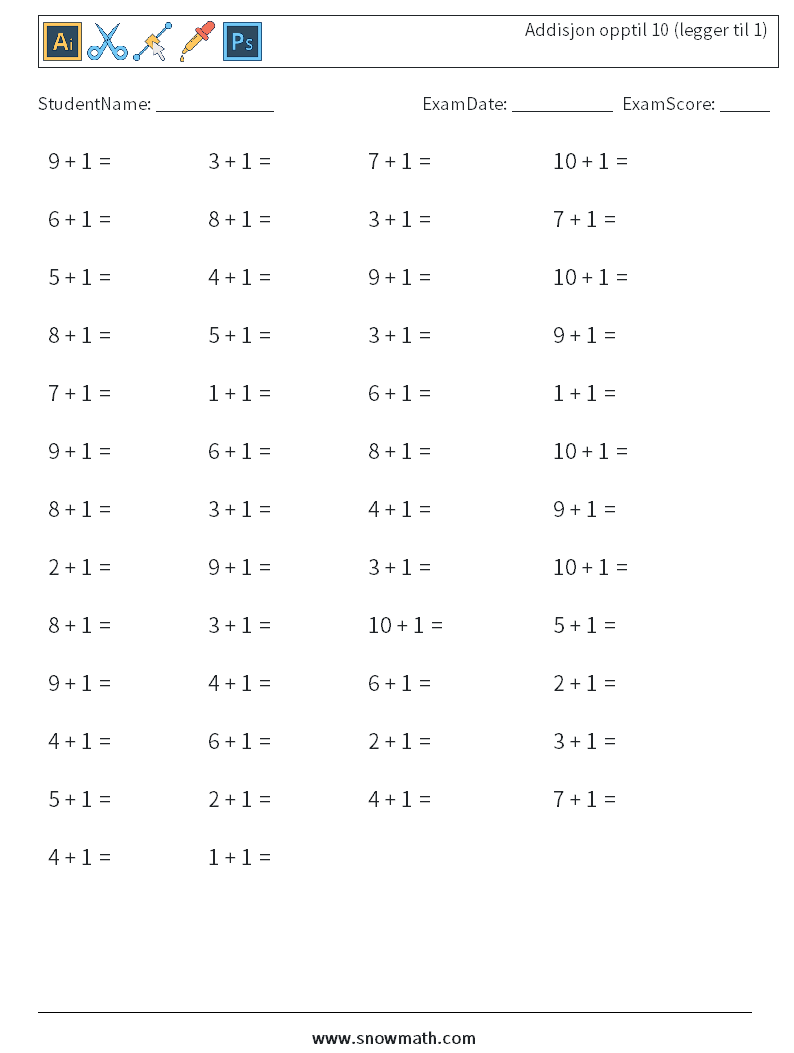 (50) Addisjon opptil 10 (legger til 1) MathWorksheets 2