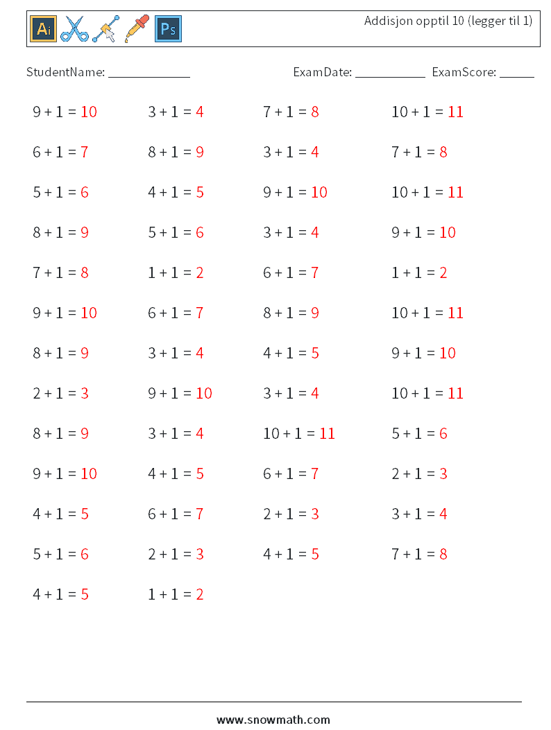(50) Addisjon opptil 10 (legger til 1) MathWorksheets 2 QuestionAnswer