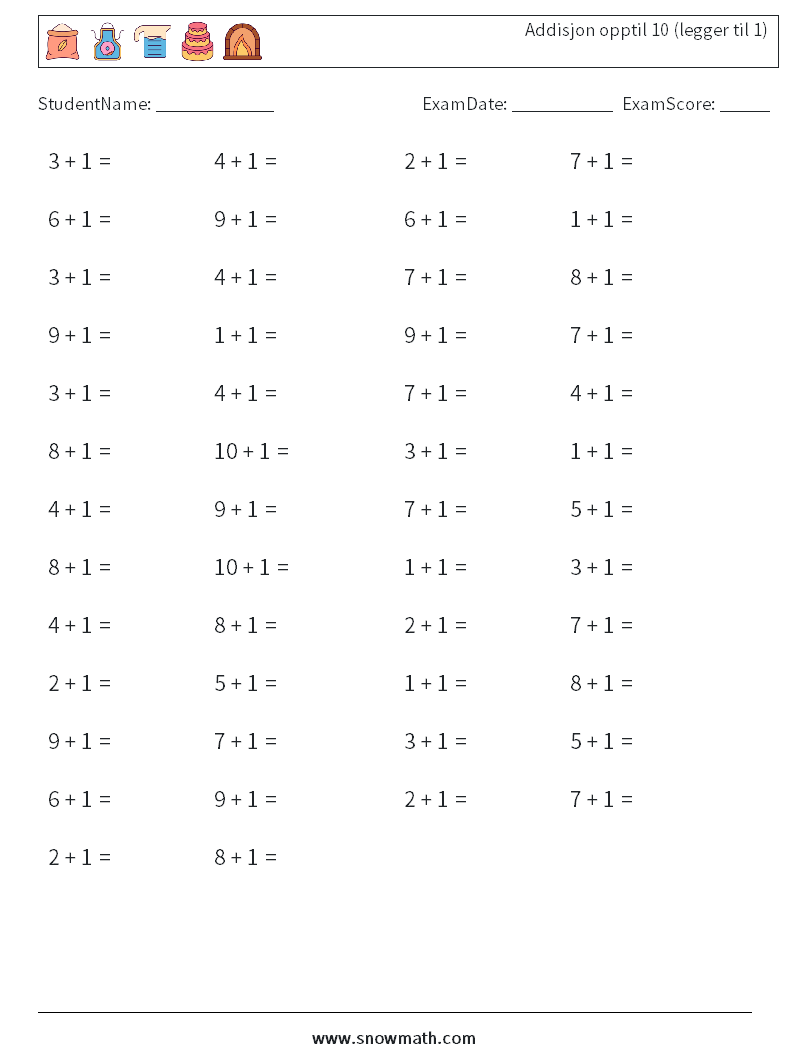 (50) Addisjon opptil 10 (legger til 1) MathWorksheets 3