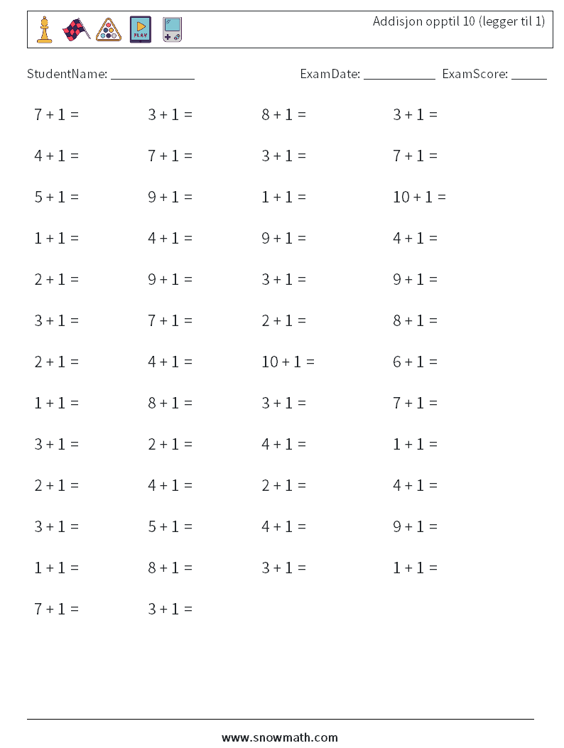 (50) Addisjon opptil 10 (legger til 1) MathWorksheets 4