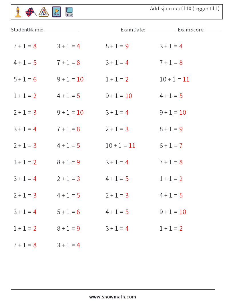 (50) Addisjon opptil 10 (legger til 1) MathWorksheets 4 QuestionAnswer
