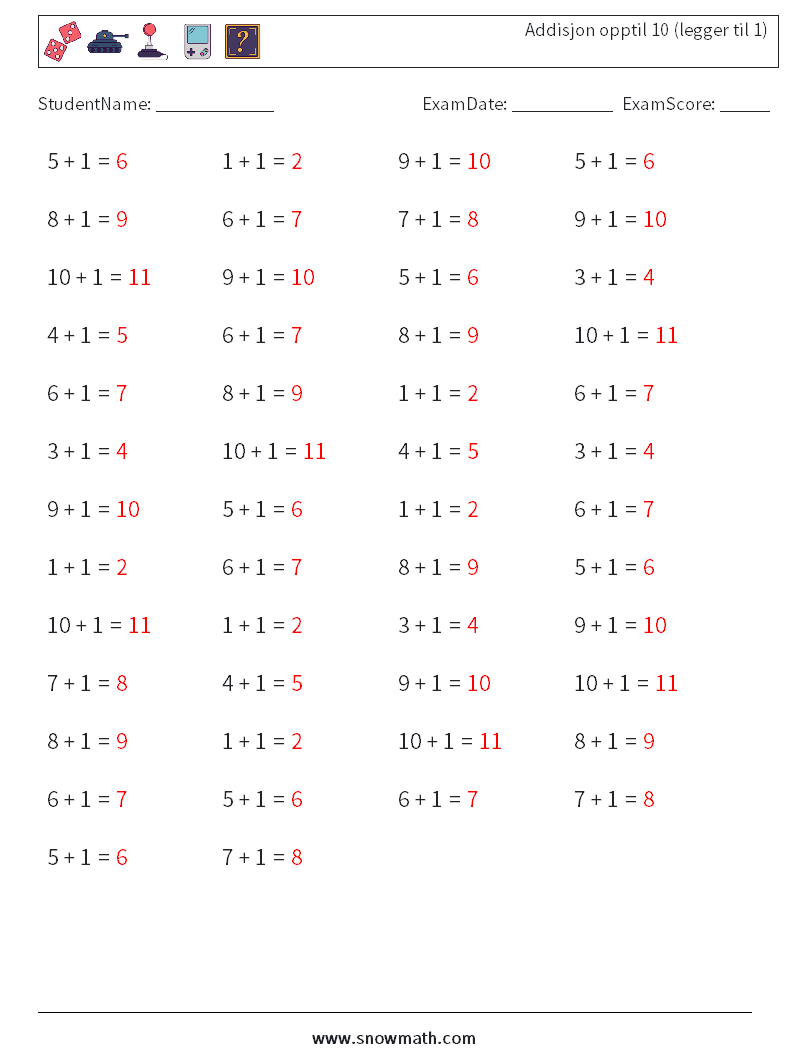 (50) Addisjon opptil 10 (legger til 1) MathWorksheets 5 QuestionAnswer