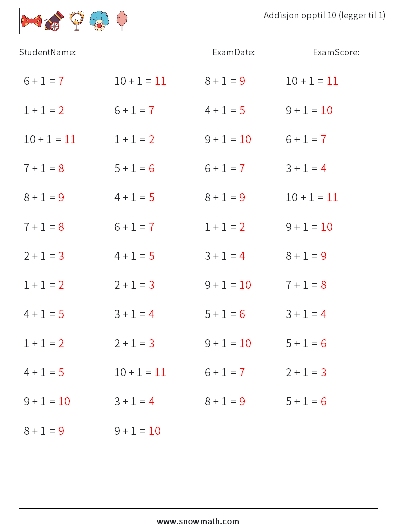 (50) Addisjon opptil 10 (legger til 1) MathWorksheets 6 QuestionAnswer