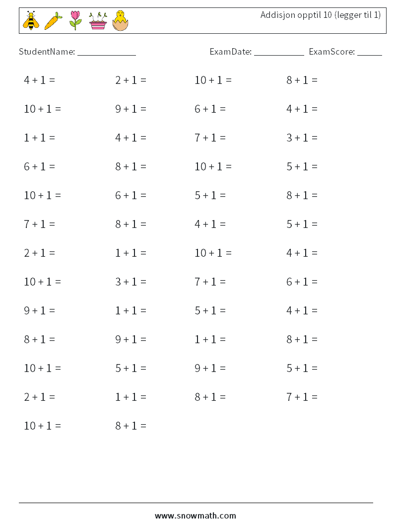 (50) Addisjon opptil 10 (legger til 1) MathWorksheets 7