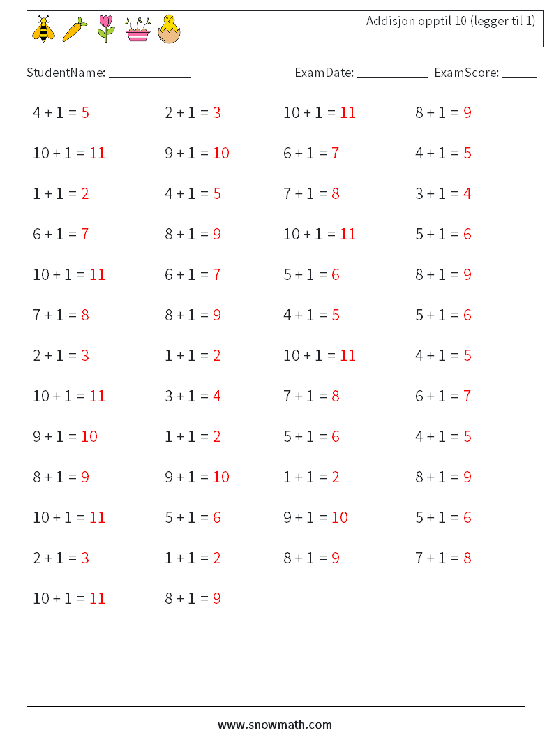 (50) Addisjon opptil 10 (legger til 1) MathWorksheets 7 QuestionAnswer