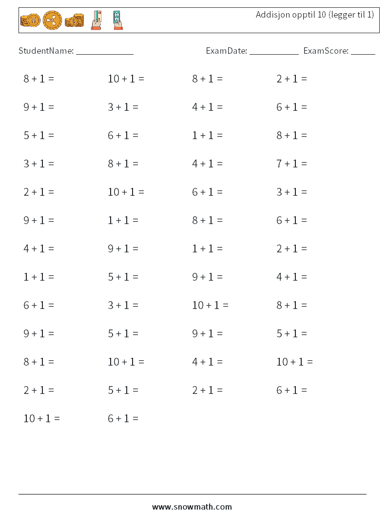 (50) Addisjon opptil 10 (legger til 1) MathWorksheets 8