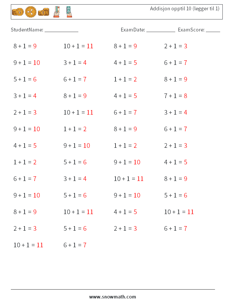 (50) Addisjon opptil 10 (legger til 1) MathWorksheets 8 QuestionAnswer