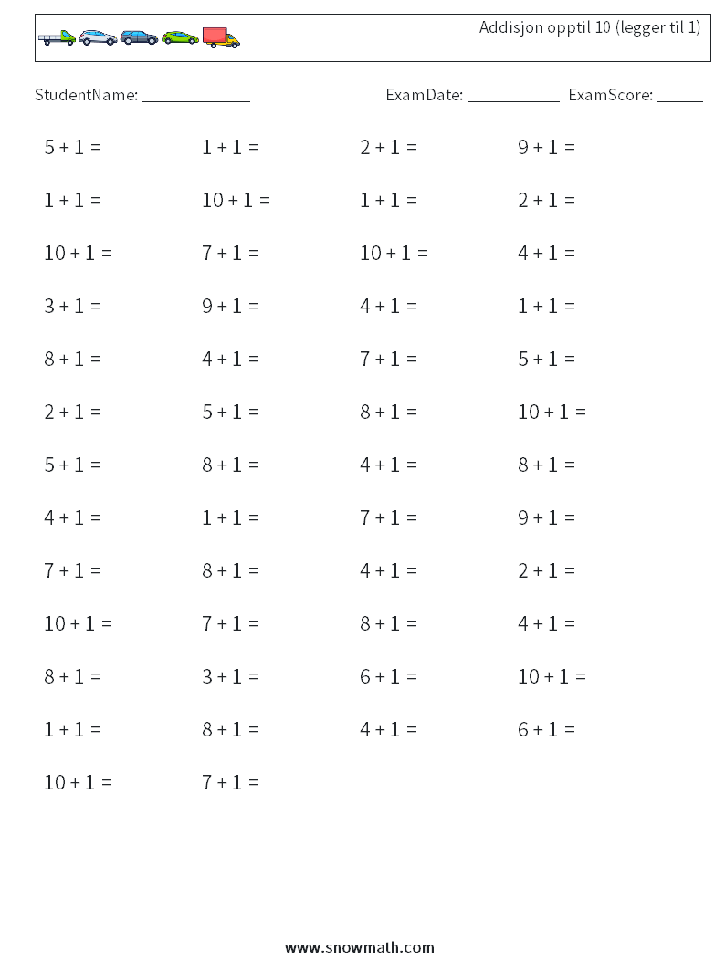 (50) Addisjon opptil 10 (legger til 1) MathWorksheets 9