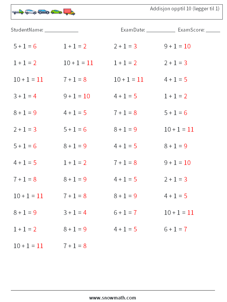 (50) Addisjon opptil 10 (legger til 1) MathWorksheets 9 QuestionAnswer