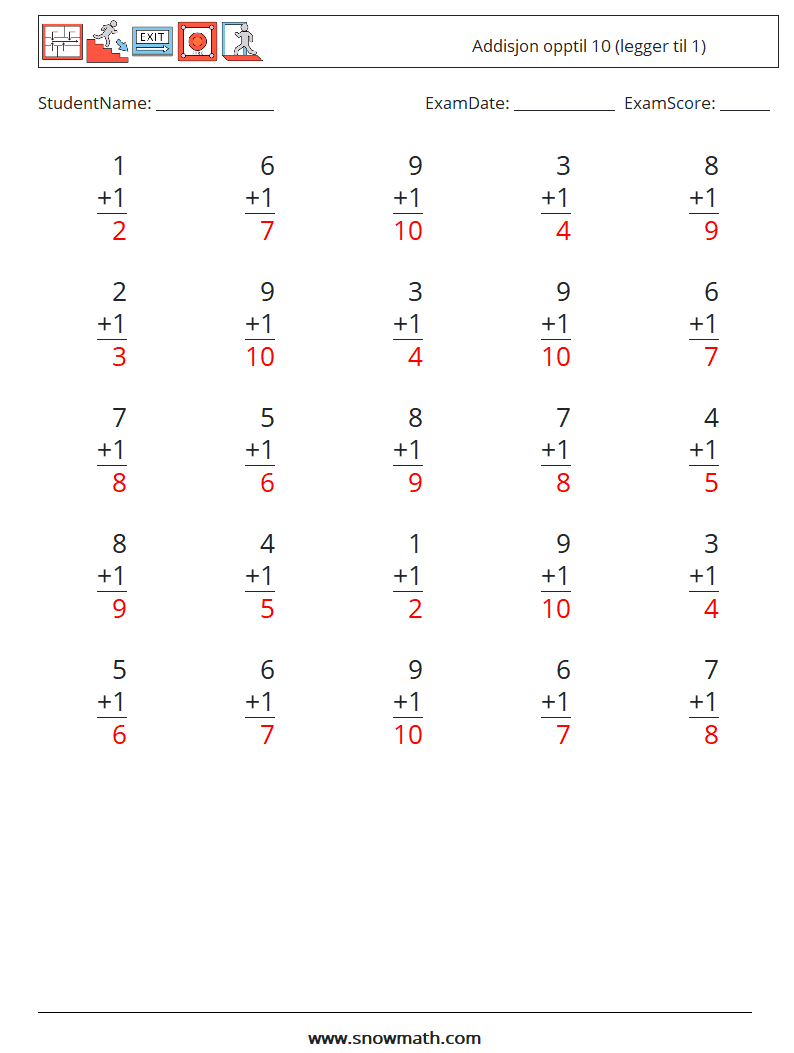 (25) Addisjon opptil 10 (legger til 1) MathWorksheets 2 QuestionAnswer