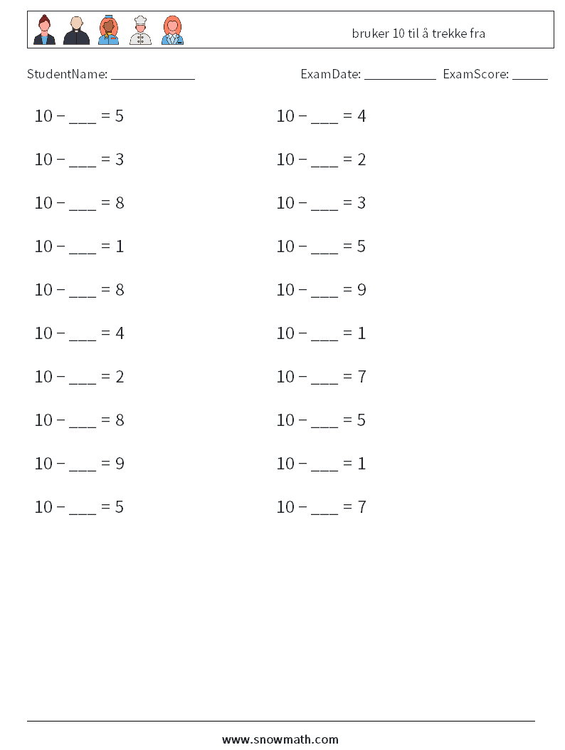 (20) bruker 10 til å trekke fra MathWorksheets 2