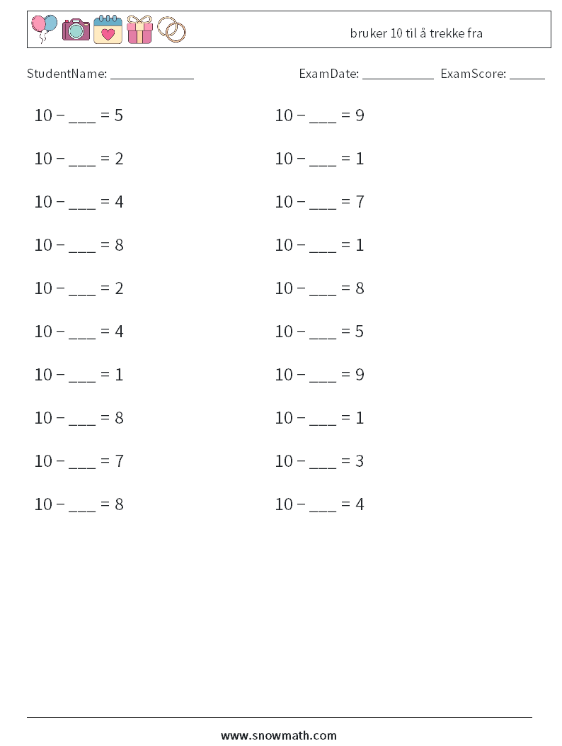 (20) bruker 10 til å trekke fra MathWorksheets 3