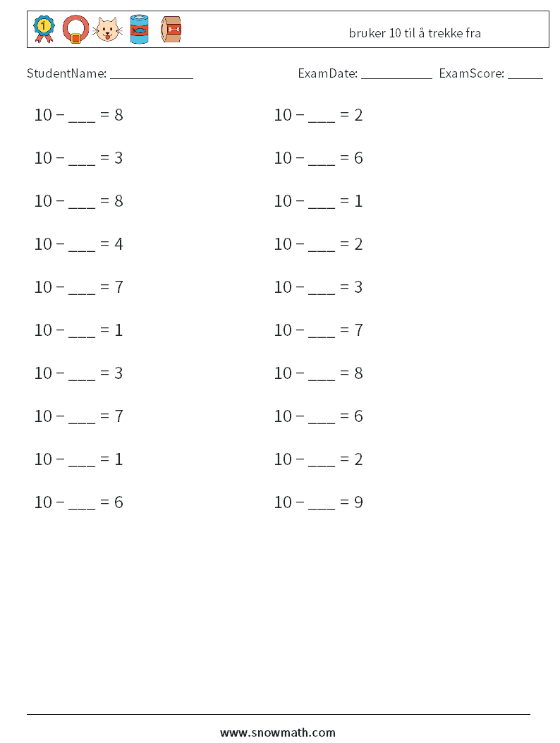 (20) bruker 10 til å trekke fra MathWorksheets 4