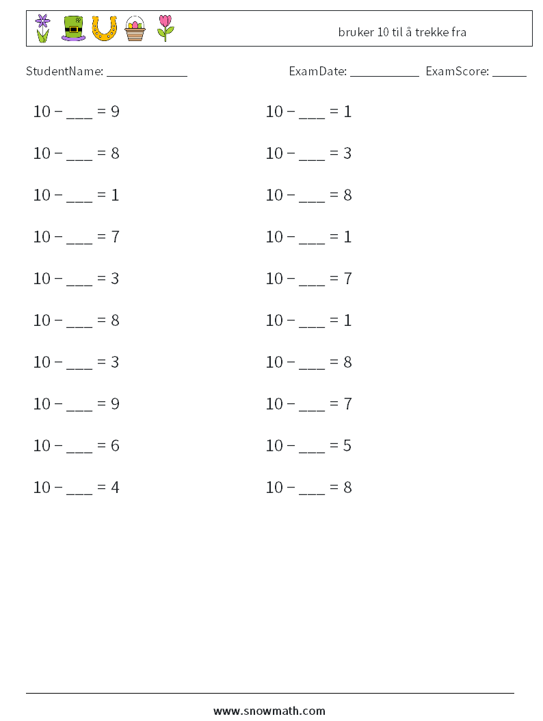 (20) bruker 10 til å trekke fra MathWorksheets 5