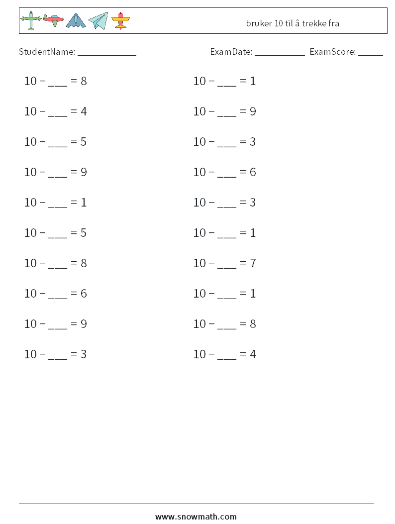 (20) bruker 10 til å trekke fra MathWorksheets 6