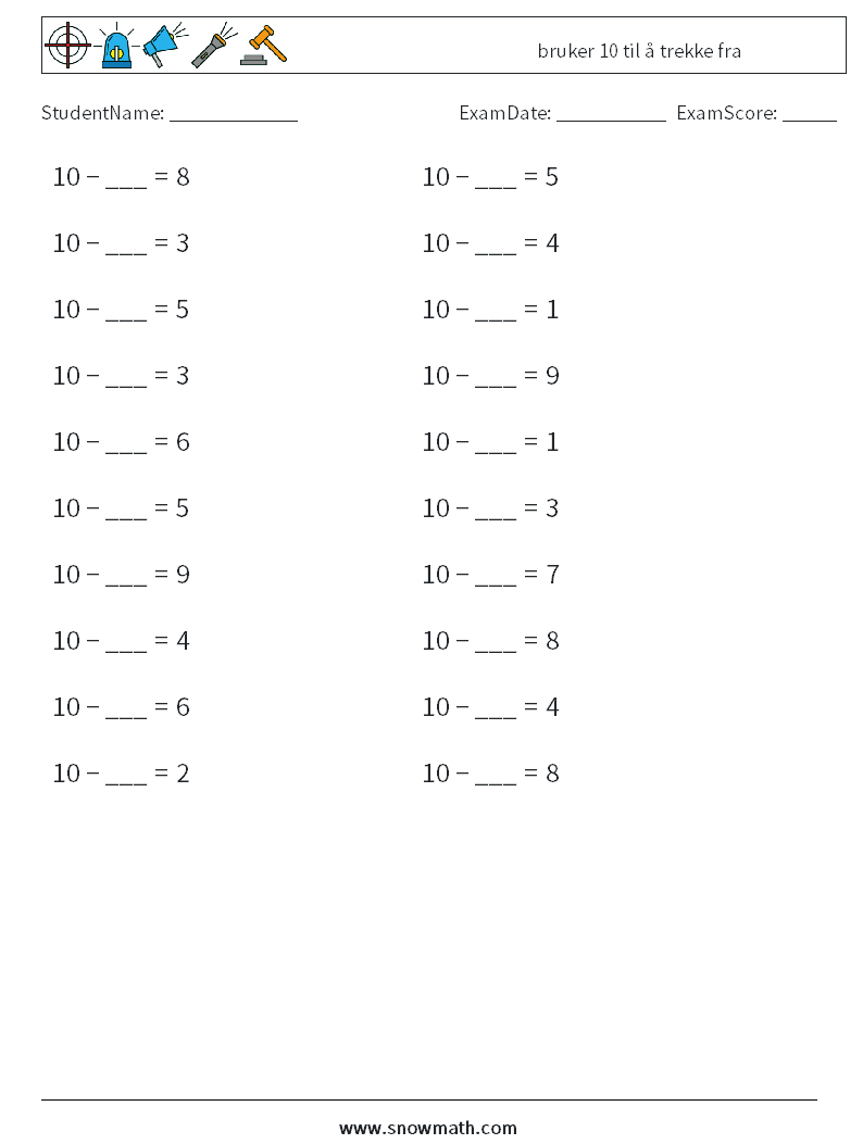 (20) bruker 10 til å trekke fra MathWorksheets 7