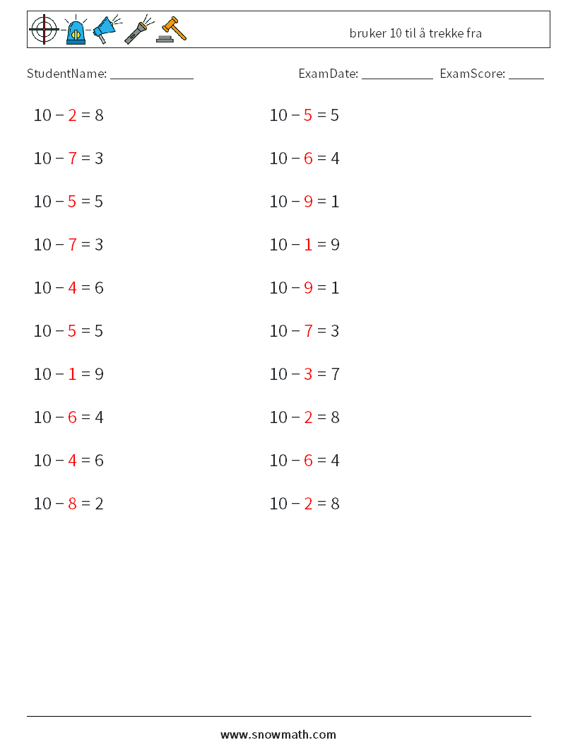 (20) bruker 10 til å trekke fra MathWorksheets 7 QuestionAnswer