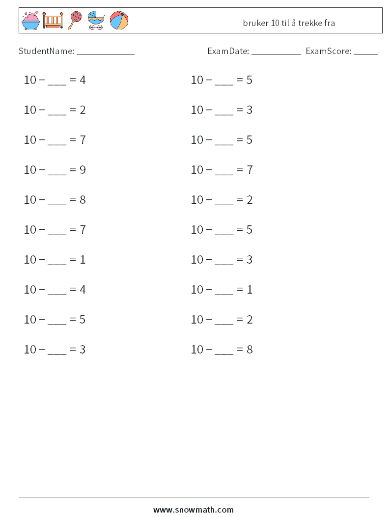 (20) bruker 10 til å trekke fra MathWorksheets 8