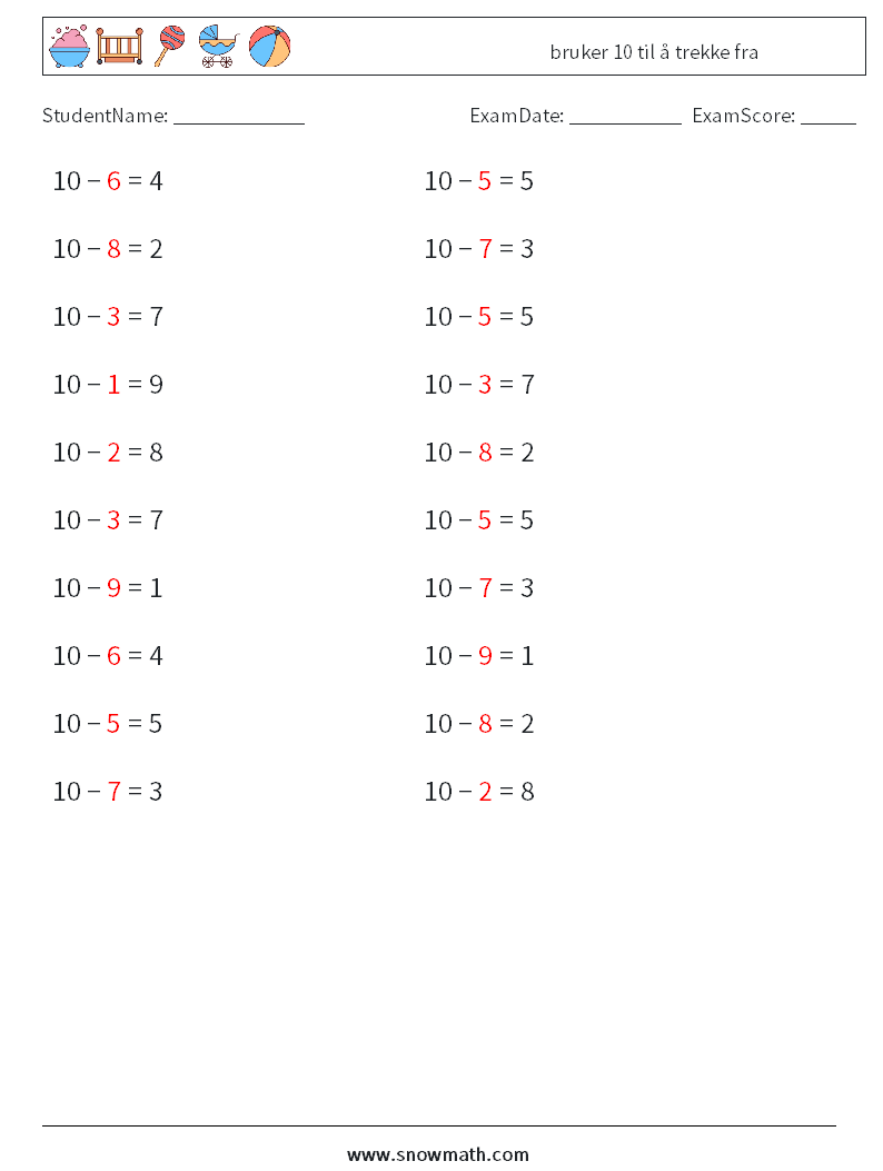 (20) bruker 10 til å trekke fra MathWorksheets 8 QuestionAnswer