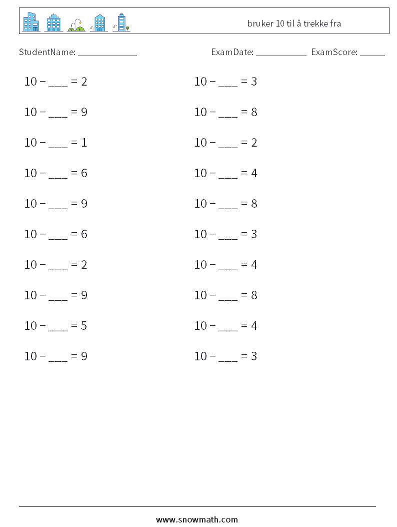 (20) bruker 10 til å trekke fra MathWorksheets 9