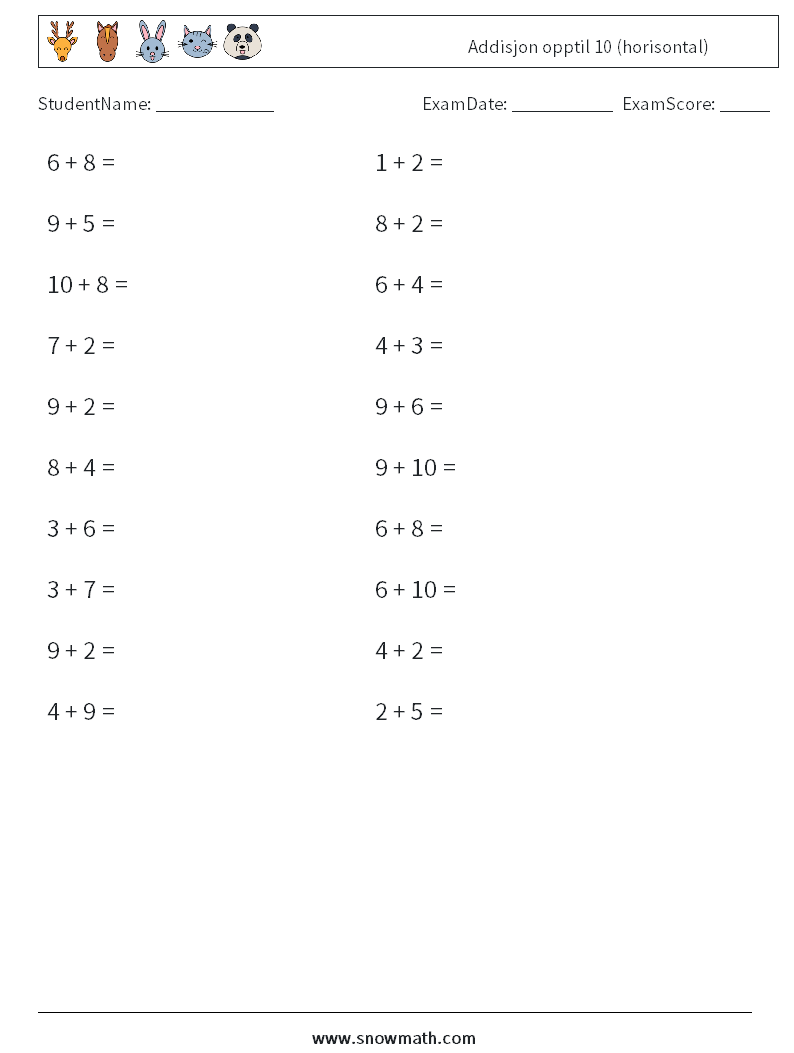 (20) Addisjon opptil 10 (horisontal) MathWorksheets 3