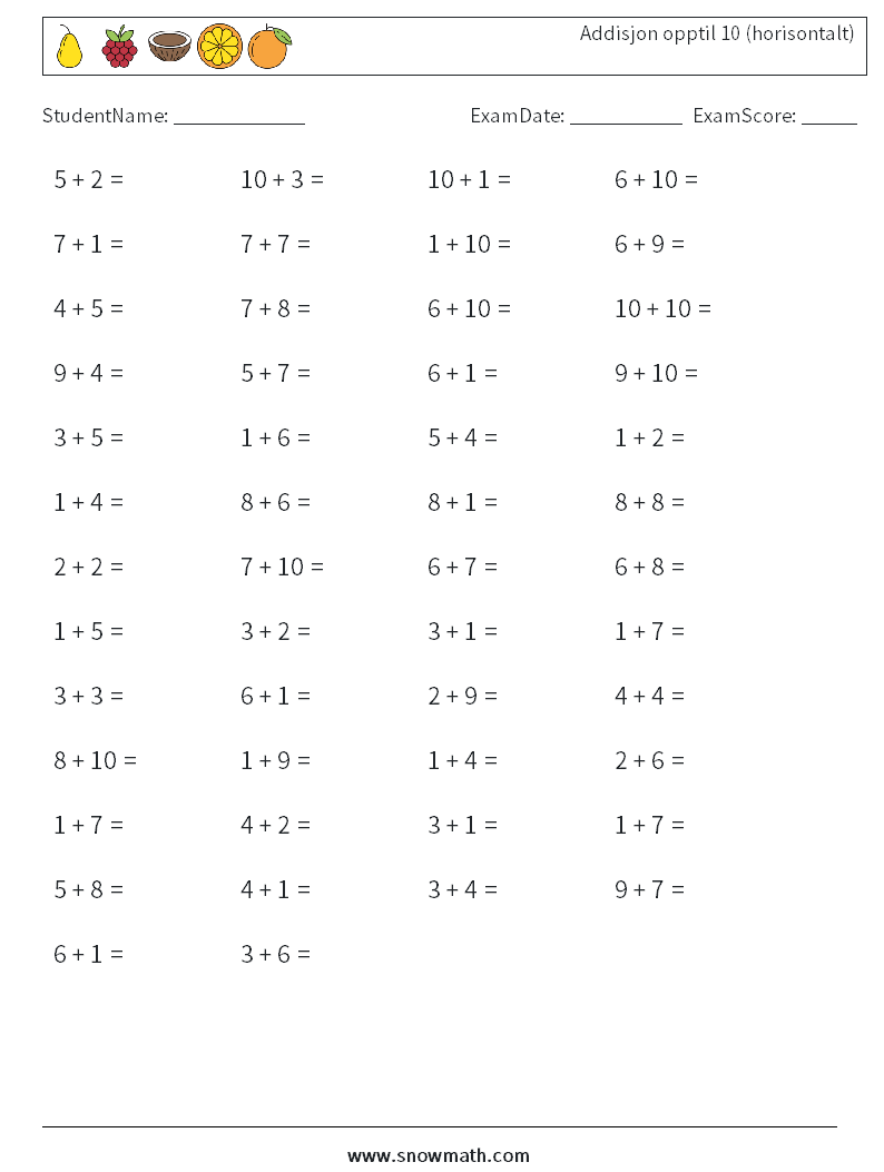 (50) Addisjon opptil 10 (horisontalt) MathWorksheets 5